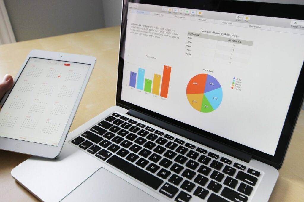 Computer with graphs and a tablet with calender